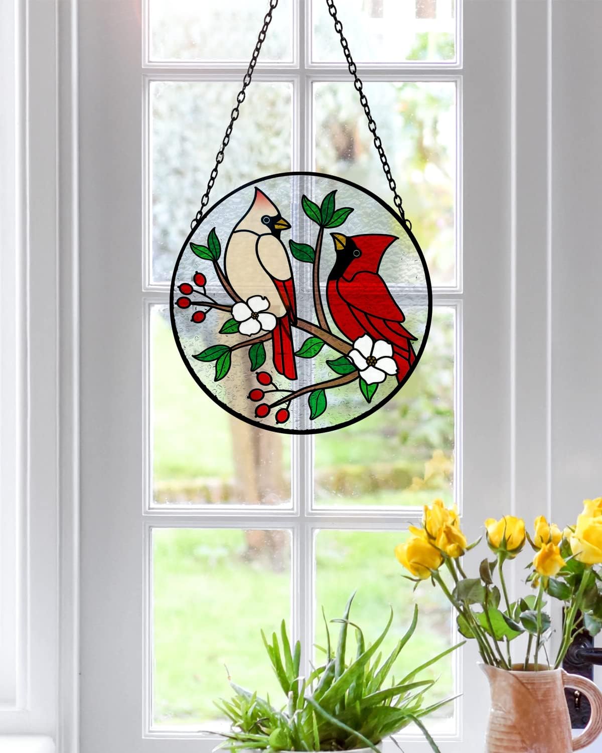 Tuitessine Cardinal Stained Glass Suncatcher - Red Bird Sun Catcher - Hand-Painted Glass Panel - Decor for Window - Christmas & Birthday Gift for Grandma & Birds Lover - 6.3x6.3