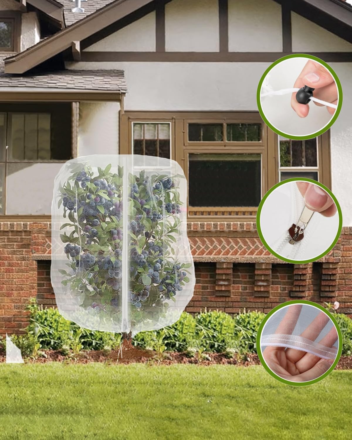 4 Pack Fruit Tree Netting with Zipper & Drawstring, 3.9 x 5.9 Ft Reusable Blueberry Bush Netting Cover, Durable Bird Netting for Vegetables, Trees, Bushes in Garden