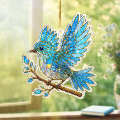 Blue Bird Stained Glass Ornament Acrylic Window Hanging Suncatcher – Bird Lover Gifts, Wildlife Animal Decor for Christmas Tree, Rearview Mirror, Garden, Home Accessories, Unique Gifts for WomenSun-17