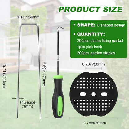 200pcs Garden Stakes Staples, 6 Inch 11 Gauge Landscape Staples + 200pcs Buffer Washer + 1 Pick Hook, U-Shaped Galvanized Landscape Pins, Tent Stakes for Weed Barrier Fabric Heavy Duty