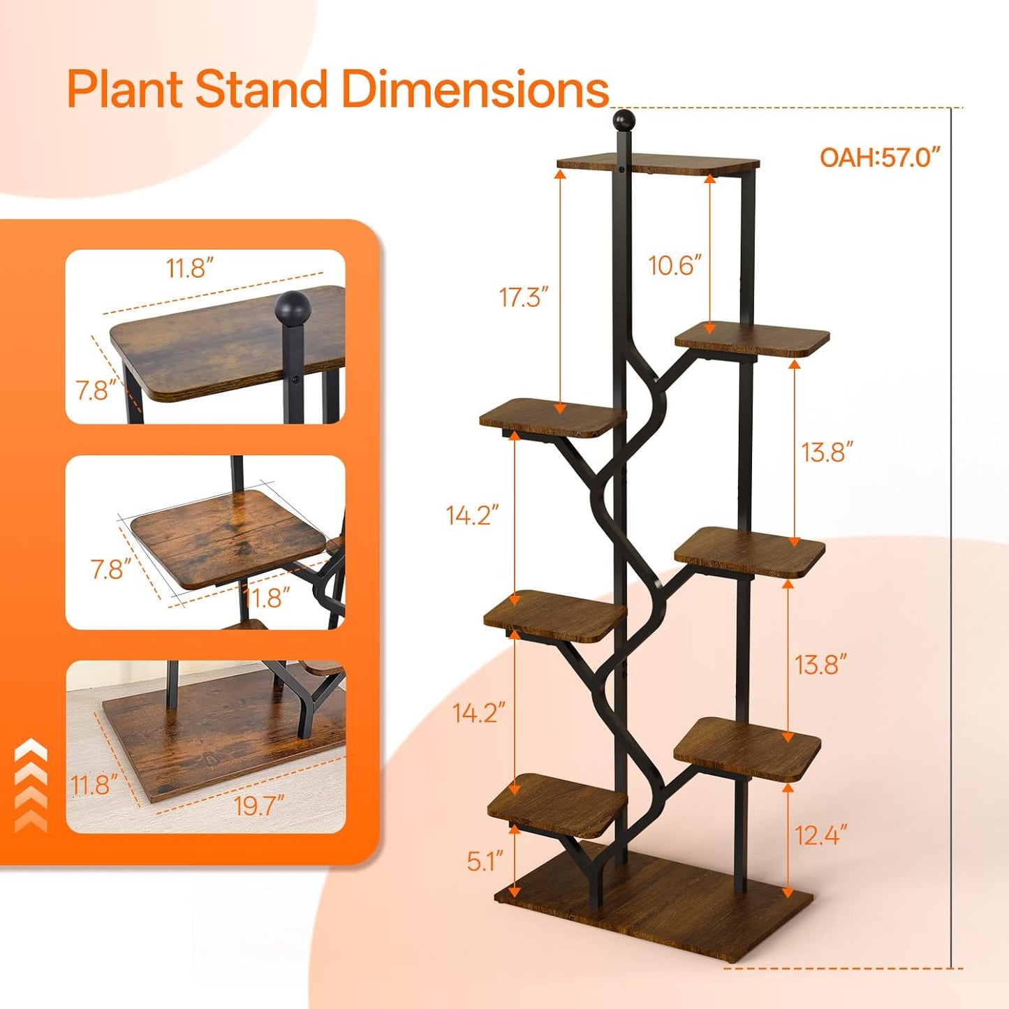 Bstrip 8-Tier Plant Stand with Grow Light, 57 Inch Indoor Plant Shelf, Decor Flower Stand for Living Room & Patio, Rust-Resistant Pipes & Waterproof MDF Boards
