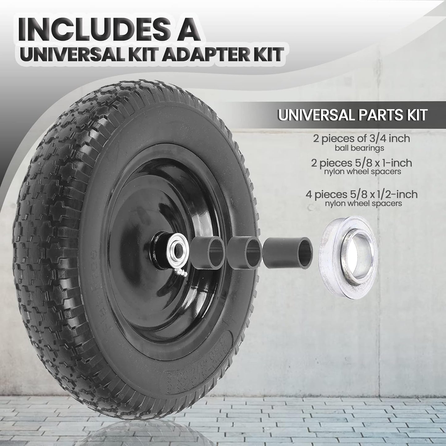 AR-PRO 4.80/4.00-8" Flat Free Tire and Wheel - 14.5" Solid Wheelbarrow Tires with 3" -7" Centered Hub and 5/8" Extra 3/4"Bearings - Universal for 4.80-8 4.00-8 4.00-6 3.50/3.00-8 Wheelbarrow Wheels