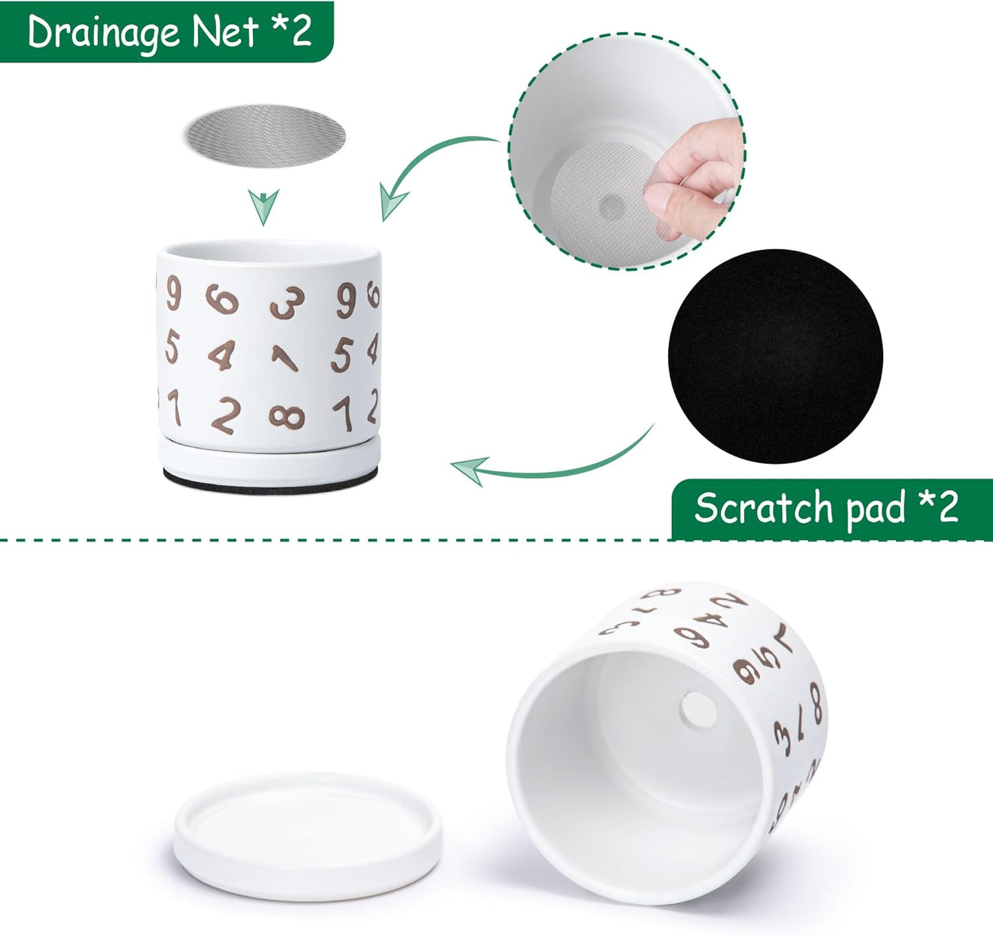 D'vine Dev Set of 2 Ceramic Planter Pots with Drainage Hole and Saucer, 4.5 Inch Plant Pots for Plants Indoor Houseplants, White, 99-Z-B-1-V