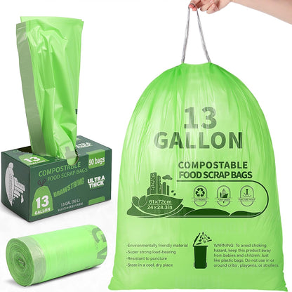 Amyhill 50 Count 13 Gallon Compostable Trash Bags Drawstring Heavy Duty Extra Thick 1.58 Mil 49.2 Liter Garbage Bags 13 Gallon Tall Kitchen Food Scrap Waste for Home Bathroom Garbage, Green