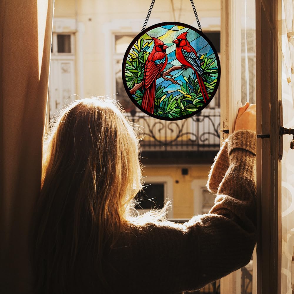 Red Bird Stained Glass Window Hanging, Red Sun Catcher for Window, Botanical Hanging Ornament to Express Sympathy, Bird Bloom Ornament for Wall, Home Decoration, Sympathy Ornament Gifts for Women Men