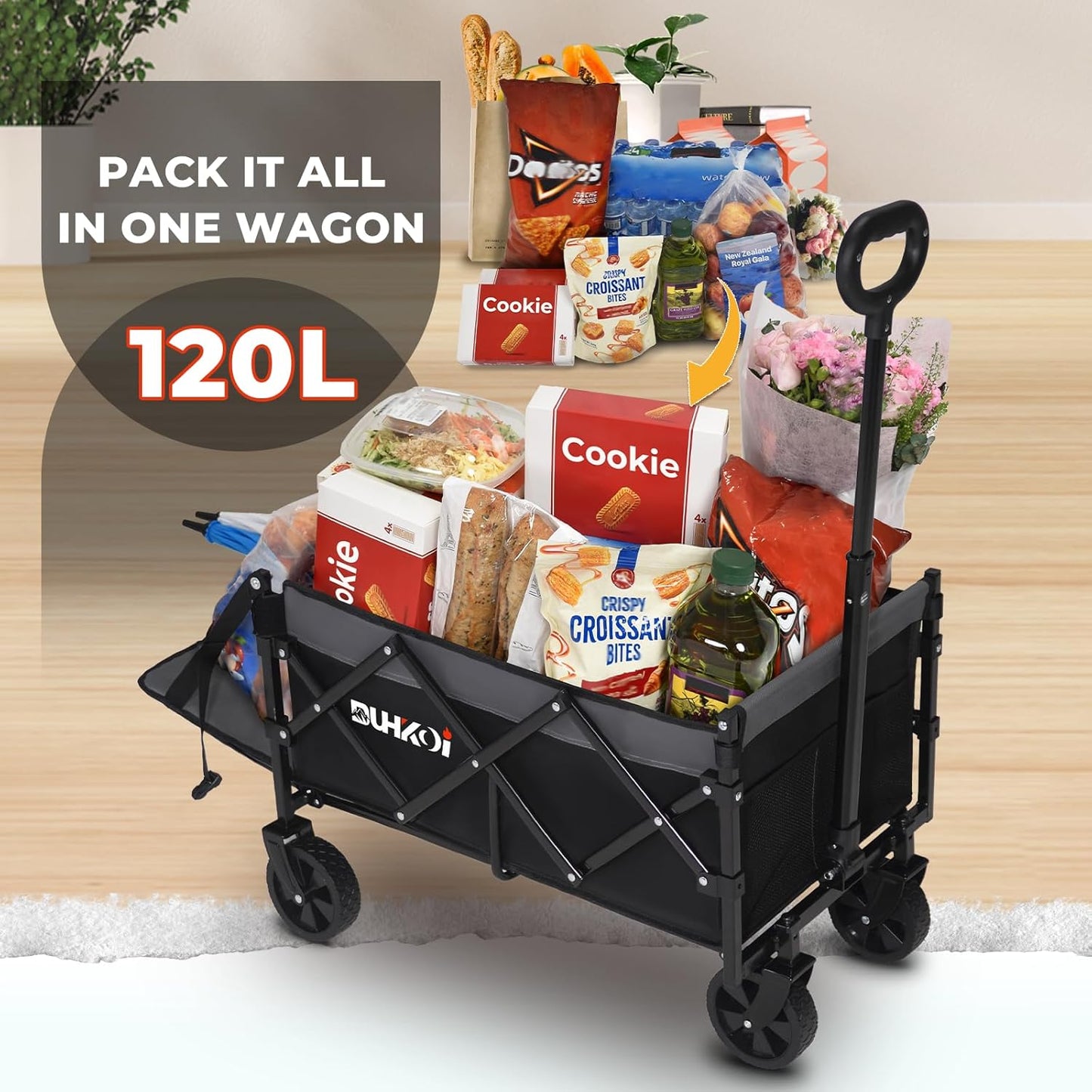 Collapsible Tailgate Wagon with Wheels, Compact Size Folding Utility Cart, 380LBS Capacity for Garden, Grocery, Beach, Camping – Portable Heavy Duty Cart(Black Gray)