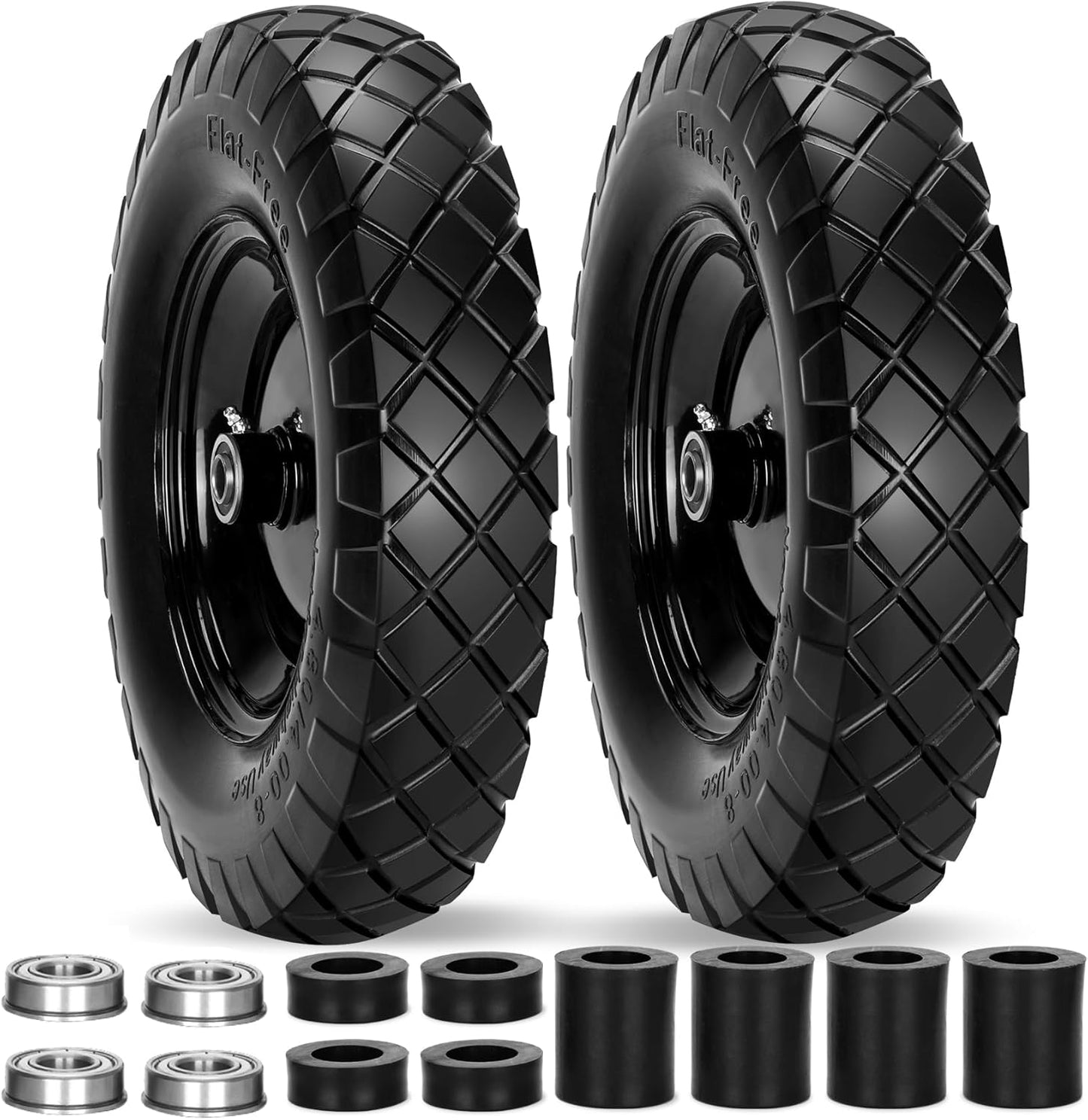 Upgraded 16" Flat Free Wheelbarrow Wheels and Tires, 4.80/4.00-8 Solid Tires with 5/8" & 3/4" Bearings,14"-16" Universal Fit Wheelbarrow Wheels for Wheelbarrows/Garden Trailer