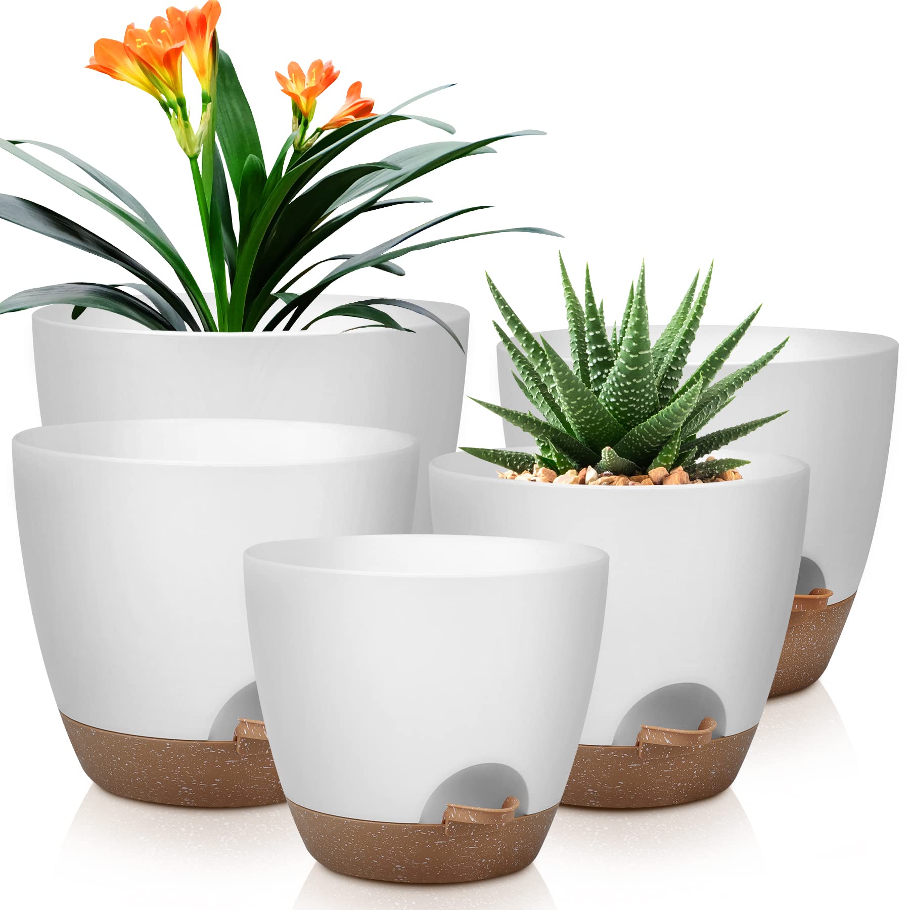 QRRICA Plant Pots 10/9/8/7.5/7 Inch Self Watering Pots, Set of 5 Plastic Planters with Drainage