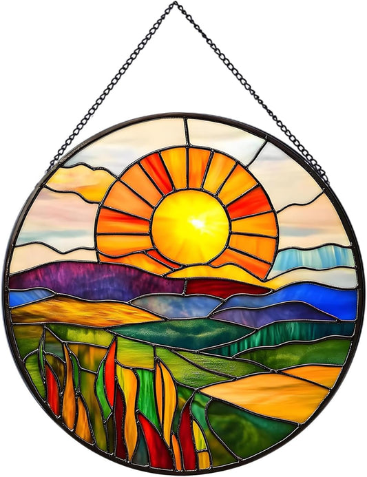 Sunrise Hanging Stained Glass for Windows,20cm/7.87inch Stained Glass Suncatcher Garden Hangings