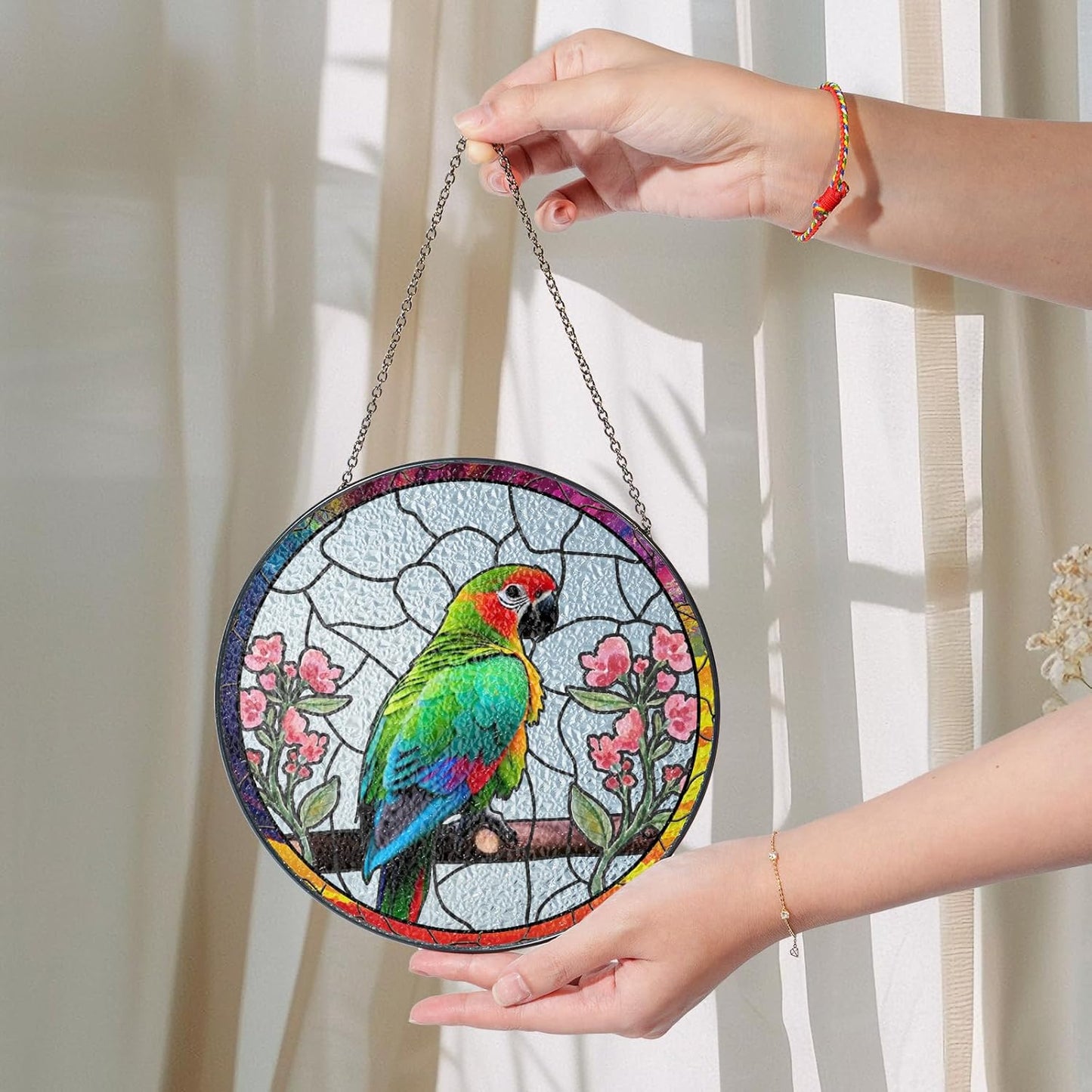 6" Parrot and Flowers Stained Glass Suncatcher Art Glass Bird and Flower for Sun Catcher Indoor Window Gift for Pet Animal Nature Floral Lover Women Mom Friend Painted Glass Panel Décor BIRD-03B-SG6