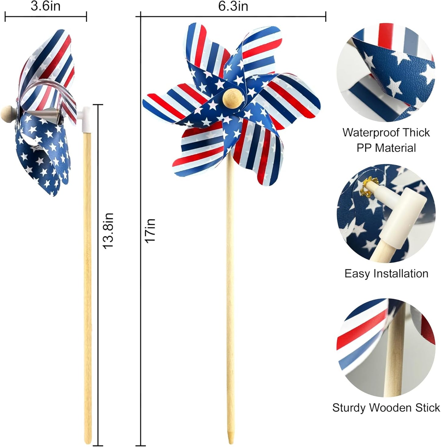 IiILittle 12 Pack Patriotic Pinwheels, No Assembly Required, American Flag Pinwheels, Wind Spinners for Yard for 4th of July Decor, Memorial Day Decor, Patriotic Outdoor Decor