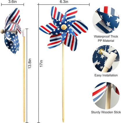 IiILittle 12 Pack Patriotic Pinwheels, No Assembly Required, American Flag Pinwheels, Wind Spinners for Yard for 4th of July Decor, Memorial Day Decor, Patriotic Outdoor Decor