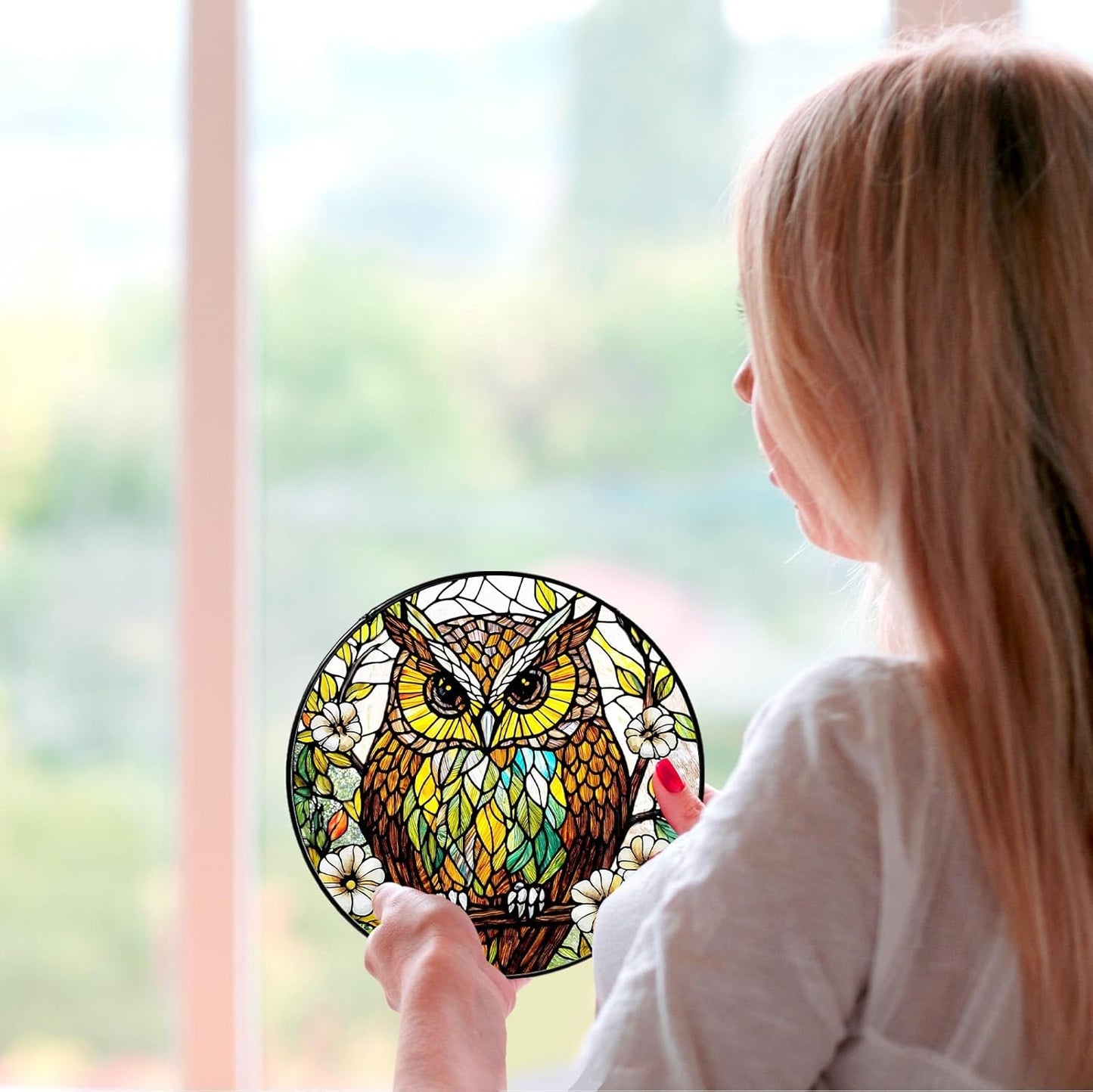 Owl Stained Glass Window Hanging Bird Light Sun Catcher Owls Lover Gifts for Women Christmas Suncatchers for Garden Home Windows Hanging Decoration, 7.87inch
