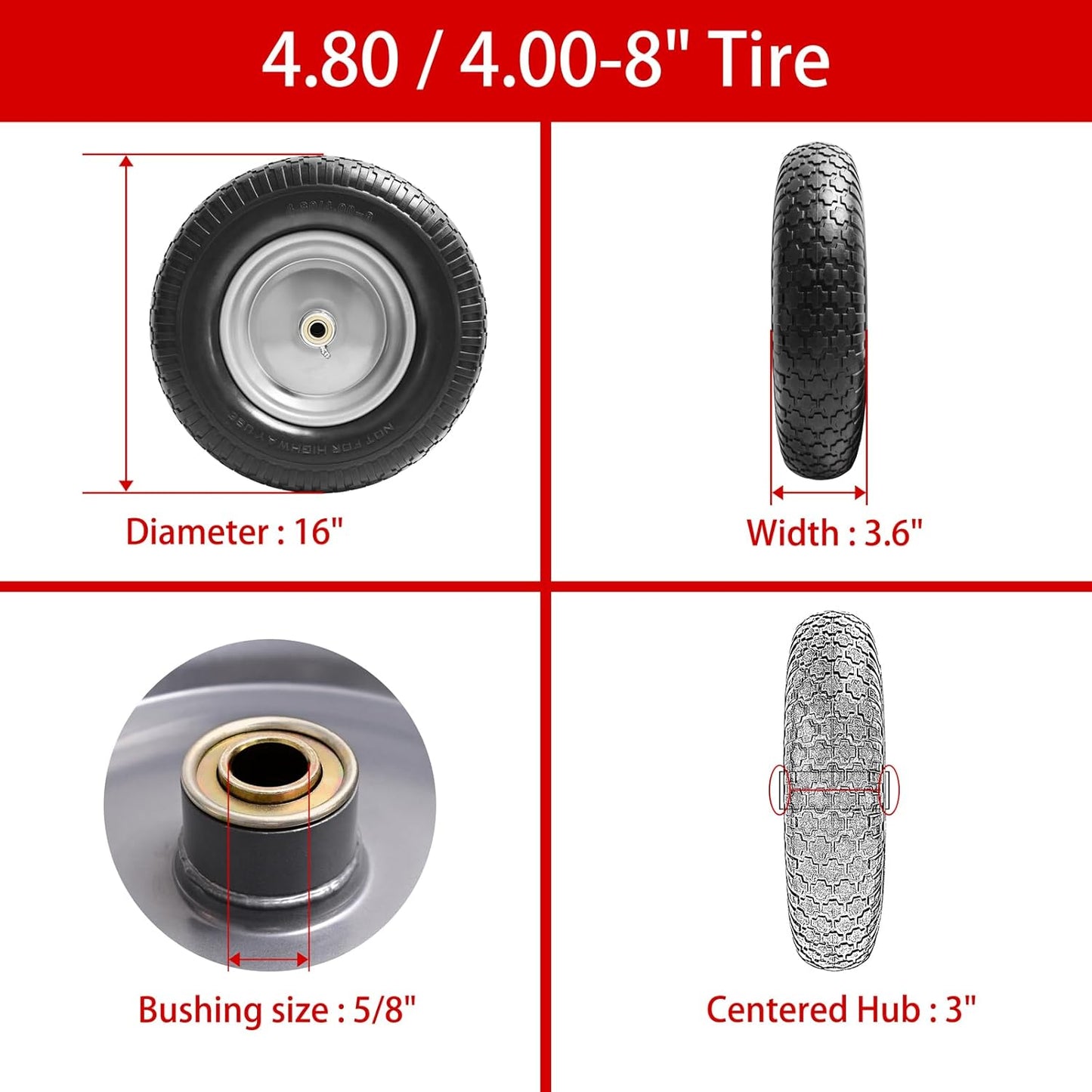 16" Flat Free Wheelbarrow Tires,4.80/4.00-8"Flat-Free Solid Tire with 3" Centered Hub,5/8" & 3/4" Bearing For Wheel Barrow Garden Utility Cart Lawn Mover Replacemen(2 Pack)