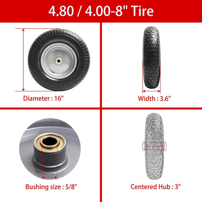 16" Flat Free Wheelbarrow Tires,4.80/4.00-8"Flat-Free Solid Tire with 3" Centered Hub,5/8" & 3/4" Bearing For Wheel Barrow Garden Utility Cart Lawn Mover Replacemen(2 Pack)