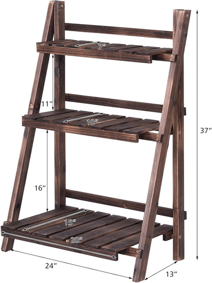 Giantex 3 Tier Folding Wooden Plant Stand, Indoor Flower Pot Holder Display Rack, Free Installation Corner Plants Storage Shelf, Foldable Rustic Wood Ladder Shelf for Home Patio Balcony Garden