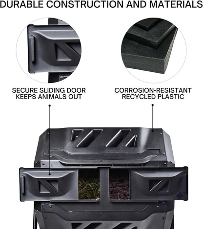 Dual Chamber Tumbling Composter 42 Gal (160L) Black Rotating Outdoor Compost Bin, Double Chamber Rotary Composter, Recycled Plastic with Steel Frame for Backyard and Vegetable Garden