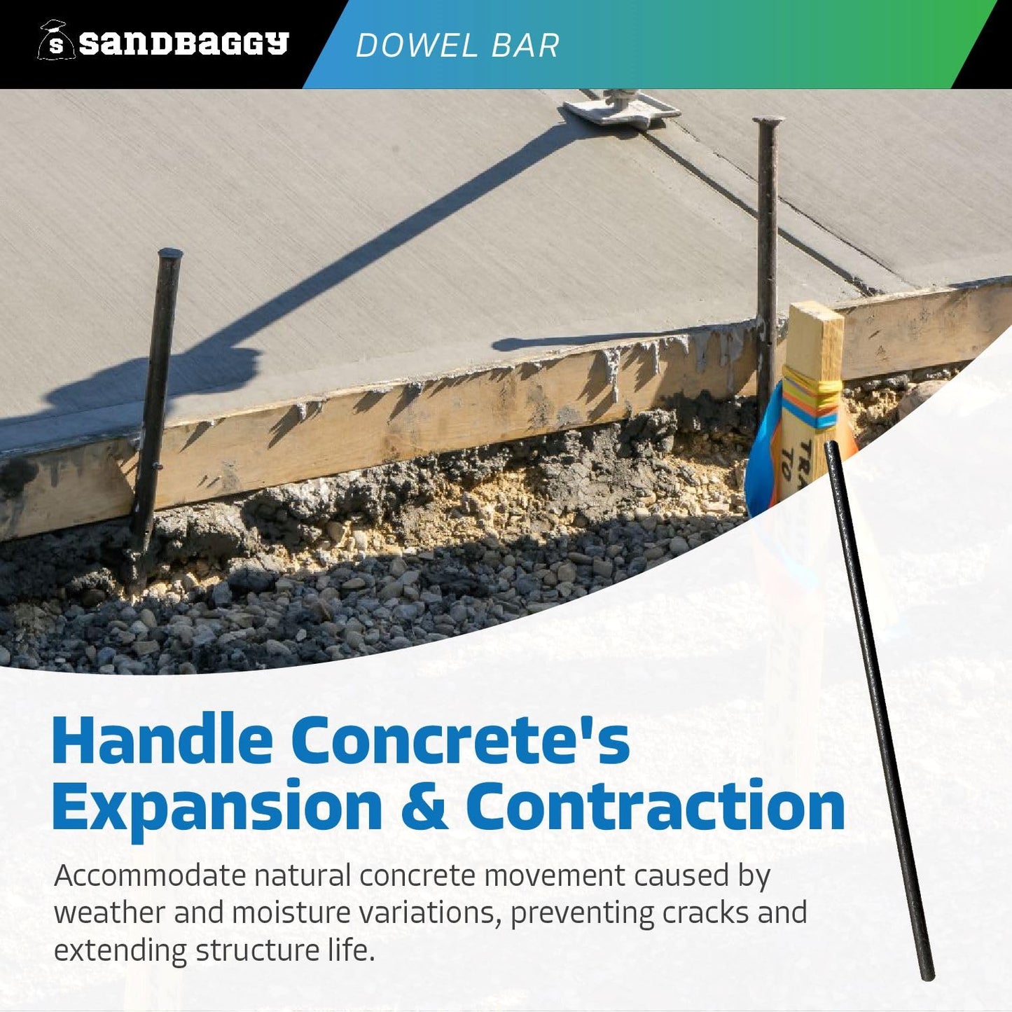 Sandbaggy Smooth Concrete Dowel Bar (1/2" W x 18" L) - Saw Cut Ends - Plain Grade 60 Steel - Construction Grade for Concrete Projects (10, Count)