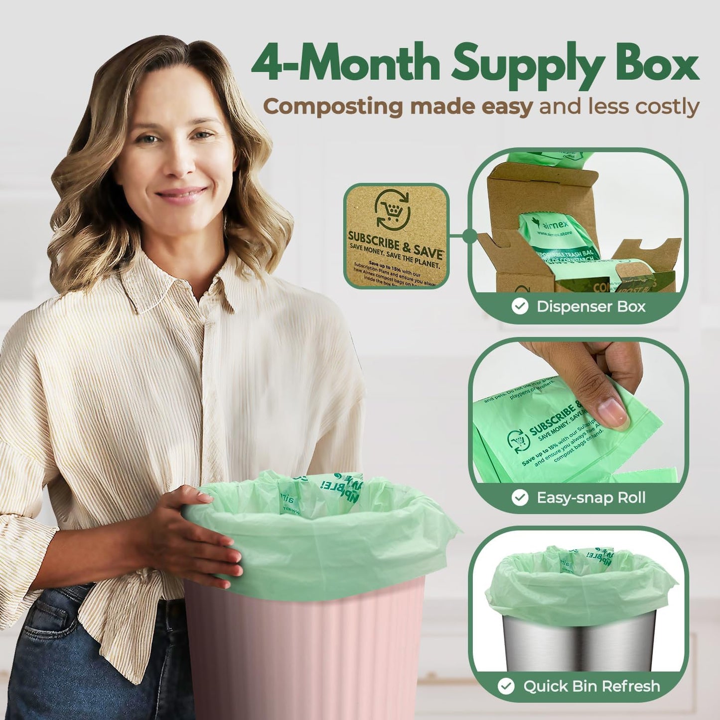 Compost Bags for Countertop Bin -Compostable Trash Bags made of Cornstarch - Leakproof & Tear Resistant Biodegradable Trash Bags - OK Compost Home & Seedlings Certified
