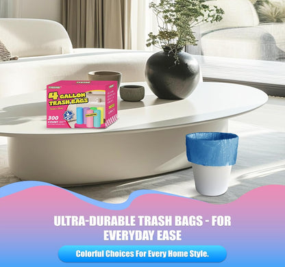 300 Count 4 Gallon Small Trash Bags - 15 Liter Colored Garbage Bags Unscented Wastebasket Liners Heavy Duty & Leakproof Plastic Can Liners for Bathroom Office Bedroom Toilet Car