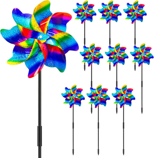 10 Packs Rainbow Pinwheels Outdoor Wind Spinners Pin Wheel Windmills Sparkly Gradient Scare Birds Animal Away Wheel Spinners Yards Garden Decor