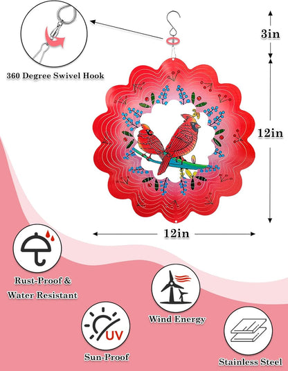 Cardinal Wind Spinners Outdoor Garden Decor for Outside - 12 Inch 3D Stainless Steel Metal Wind Spinners - Cardinal Gardening Gifts for Women, Yard Decorations Outdoor Hanging Decor