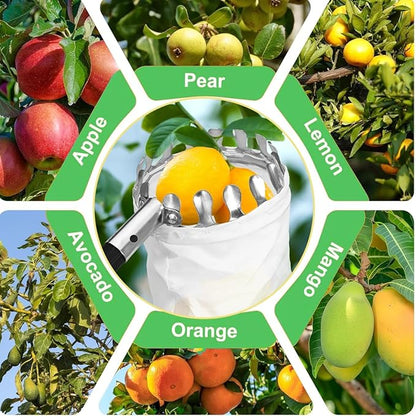 Fruit Picker and Gardening Harvest Storage Apron Set - 2.8m/9.2ft Fruit Picker Tool with Telescopic Handle, Stainless Steel Connecting Pole and Drawstring Storage Bag, Picker for Apple Lemon Cherry