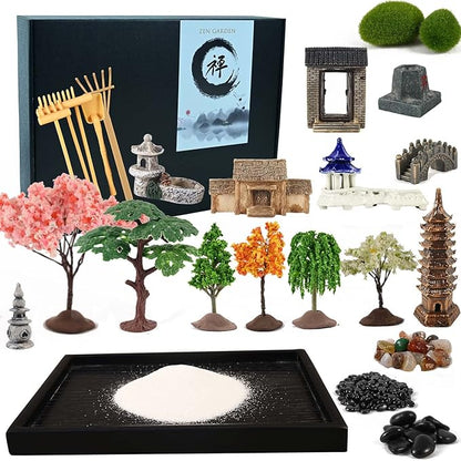 14" x 10" Large Japanese Zen Garden Kit for Desk – Includes 25+ Accessories: Sand Tray, Rake, Trees, Incense Burner, Bridge, Well, Door – Calming Decor Gift for Women, Mindfulness & Stress Relief