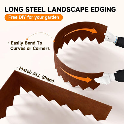 19.7ft.Cor-Ten Weathering Steel Landscape Edging(6 Pack)-8"x39.4"- Pre-Rusted Garden Edging with 7 Clips & Gloves - Durable,Flexible, Easy-to-Install for Landscaping,Tree Rings,Lawn & Garden