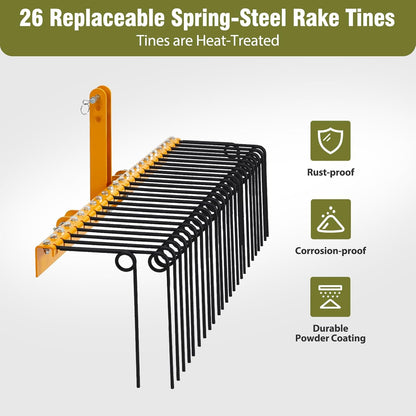 GAOMON 60 Inch Pine Straw Rake, 26 Coil Spring Tines Durable Powder Coated Steel Tow Behind Landscape Rake with 3 Point Hitch Receiver Attachment Fit to Cat0 Cat 1 Tractors for Leaves Grass, Yellow