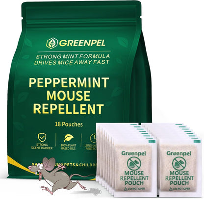 Rodent and Mice Repellent Indoor, Upgrade 18-Pack Mouse Peppermint Oil Pouches for Squirrel, Rat Repellent for Outside, Mouse Control for Indoor/Outdoor, Pet Safe Rodent Deterrents for Home