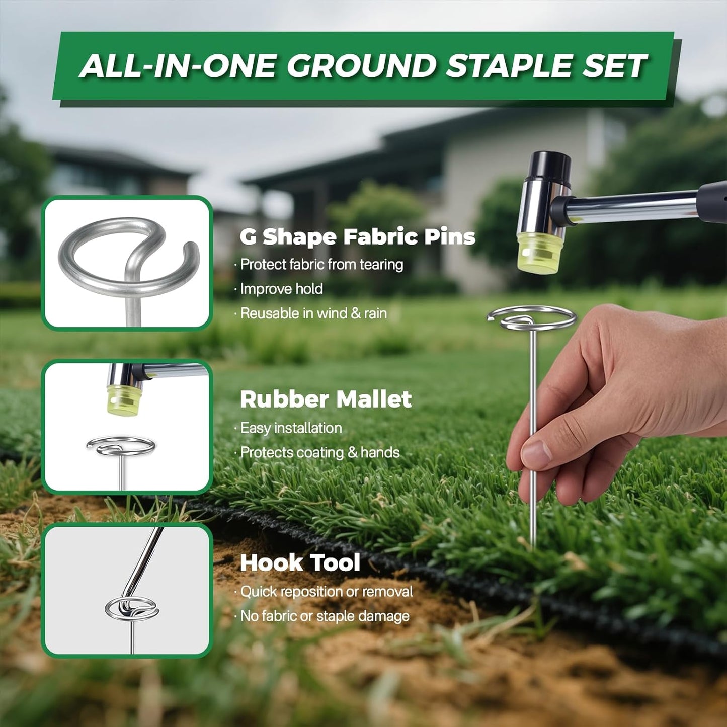 50pcs Landscape Fabric Staples 6 Inch, Galvanized Circle Top Landscape Pins Landscape Fabric Staples Garden Stakes Staples with Pick Hook Mallet for Weed Barrier Tent Stakes Outdoor Decor