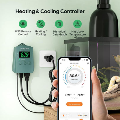 WiFi Digital Heat Mat Thermostat Controller, 32-113°F with Heating Cooling Mode, 365 Day Data Export, 1200W, High/Low Temp Alerts, Plug & Play for Reptile Seedling Brewing Breeding Greenhouse