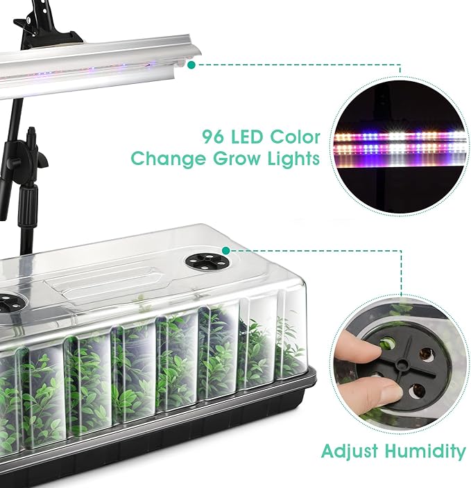 1020 Seed Starter Tray, Seed Starter Kit with Grow Lights and Heat Mat, Indoor Seedling Trays Kit, 5.9 inch High Humidity Dome, 96 LED Grow Lights for Seedling, Mini Greenhouse