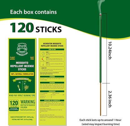 KICKOUTOR® Mosquito Repellent Outdoor Patio 120 PCS Citronella Oil Mosquito Incense Sticks Natural Organic Mosquito Barrier Mosquito Repeller for Backyard Travel Camping Indoors Gnat Mosquito Control