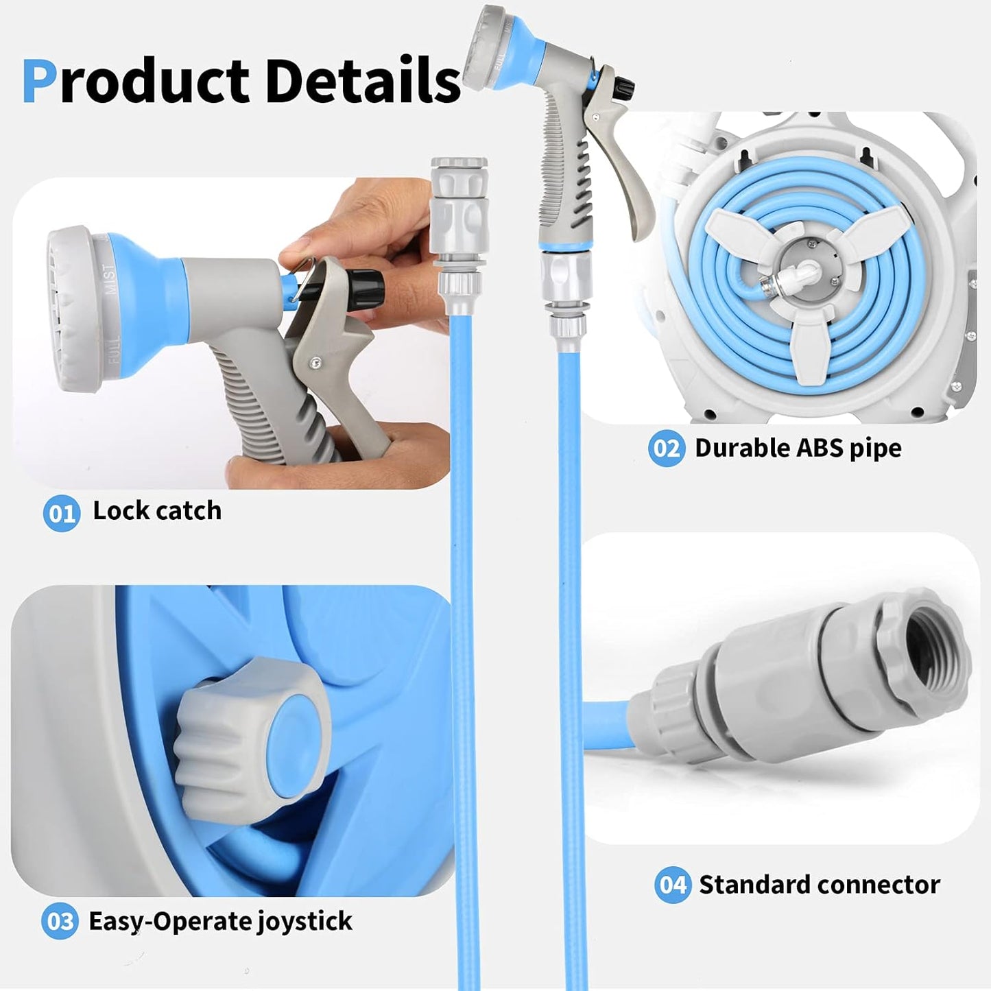 Kitness Mini Retractable Garden Hose Reel, Portable Simple Home 45+5 FT Hose Reel with 7 Adjustable Patterns Spray Nozzle&Standard Connector, Watering Hose Reel for Gardens Yards and lawns (Bule)