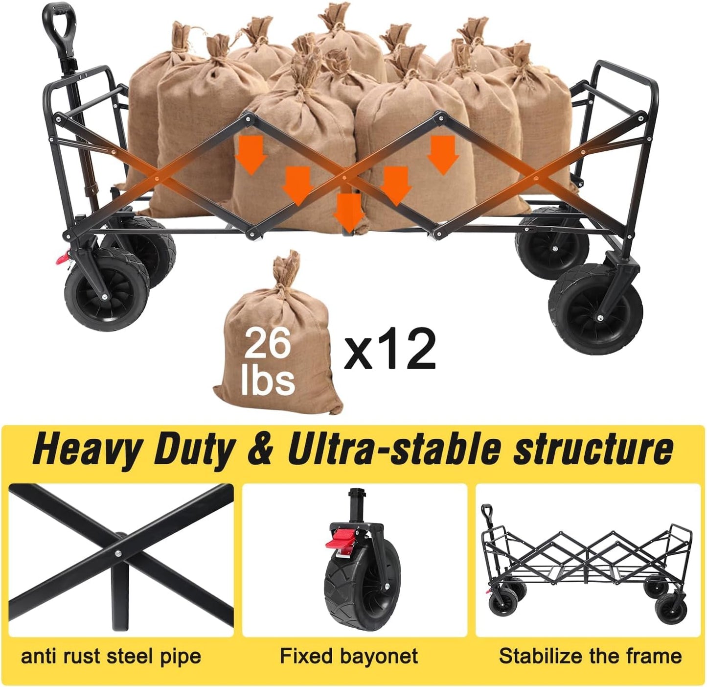 Beach Cart Large Capacity, Heavy Duty Folding Wagon Portable, Collapsible Wagon for Sports, Shopping, Camping Collapsible Foldable cart(440 LBS Capacity)