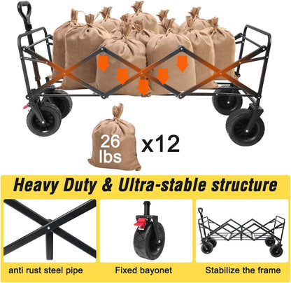 Beach Cart Large Capacity, Heavy Duty Folding Wagon Portable, Collapsible Wagon for Sports, Shopping, Camping Collapsible Foldable cart(440 LBS Capacity)