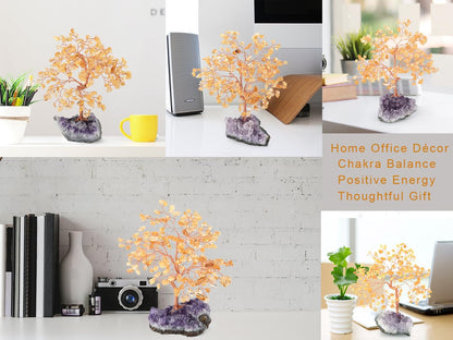Natural Citrine Crystal Tree Amethyst Geode Base,Chakra Balancing Feng Shui Bonsai Money Tree Positive Energy Home Decor for Luck and Wealth 5.5"-6.3"