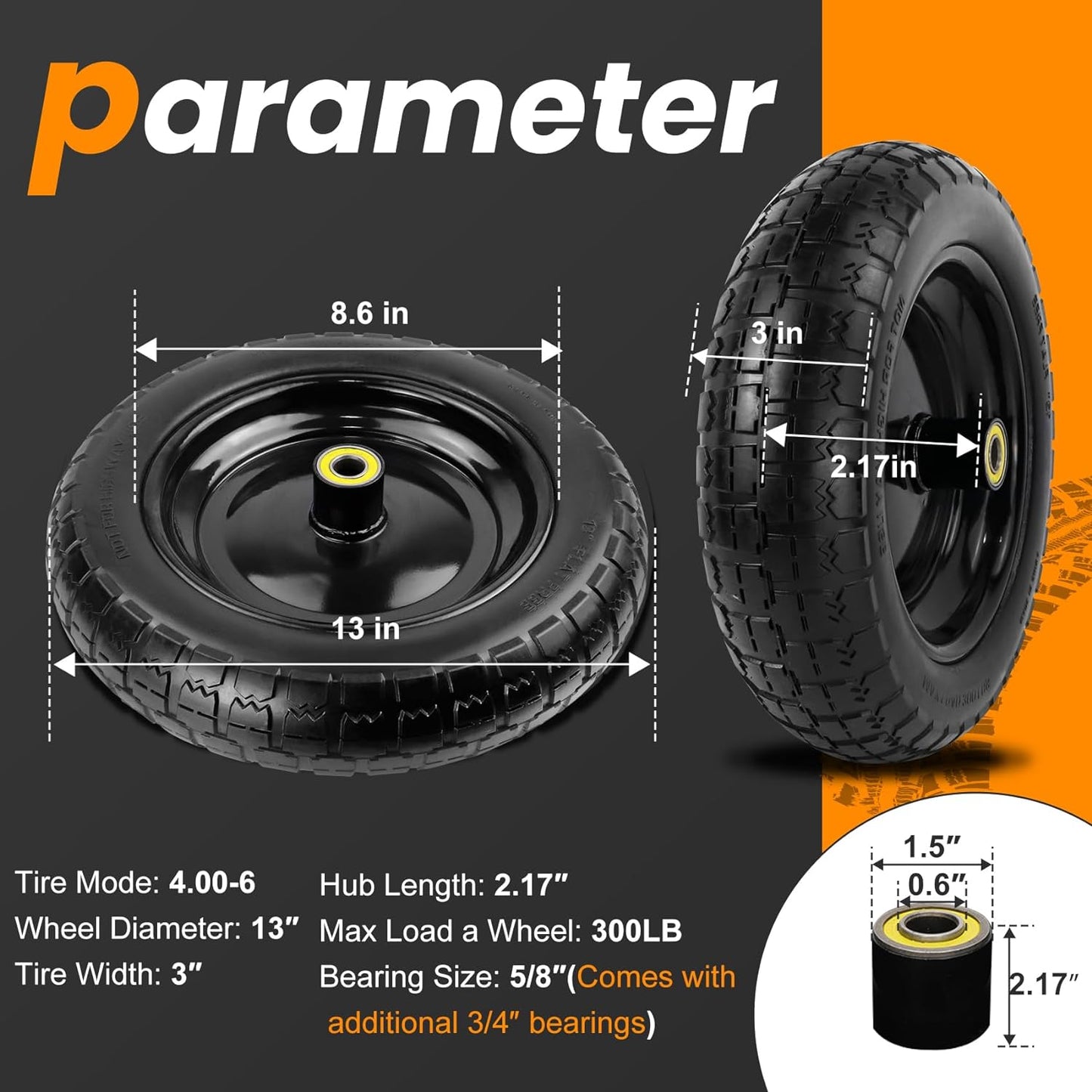 13" Flat Free Wheels Replacement for GOR Garden Cart Tires, 4.00-6 Solid Tires with 5/8"Bearings, 13" No Flat Wheels for GOR Garden Carts/Hand Trucks/Garden Carts
