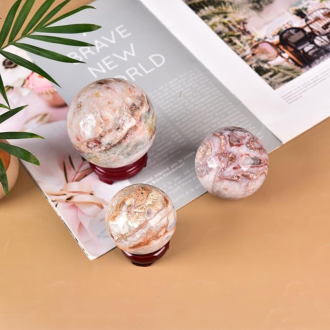 JIC Gem Natural Striped Agate Crystal Sphere Healing Crystal Decorative Ball with Wooden Stand Meditation Balls for Witchcraft Reiki Gift 50-60mm