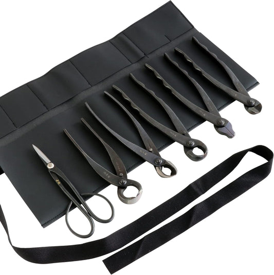Wazakura Made in Japan 6PCS Bonsai Professional Tool Kit with Roll Bag: Japanese Yasugi Steel Satsuki Bonsai Scissors, Concave Branch Cutter, Knob Cutter, Jin Plier, Wire Cutter, Root Cutter