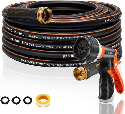 Heavy Duty Garden Hose – 5/8 Inch Flexible, Lightweight Hybrid Hose with 600 PSI Burst Pressure, Swivel Handle, and Durable Copper Male/Female Fittings (Black with hose sprayer, 50FT)