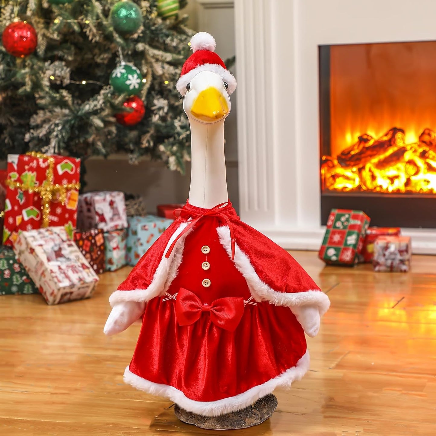 Christmas Mrs. Claus Goose Outfit Dresses Clothes for 23" High Cement or Plastic Goose Lawn Clothing Porch Garden Costume for Yard Outdoor Patio Statue Xmas Santa Holiday Decor
