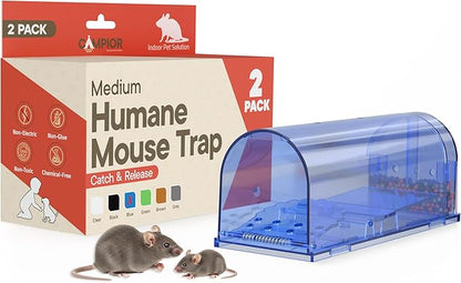 Humane Mouse Trap Pack of 2, Live Mouse Traps Catch and Release for Indoors & Outdoors, Pet & Child Safe, 6.69" Reusable Plastic Mouse Cage with Spring Door, Cleaning Brush Included, Blue