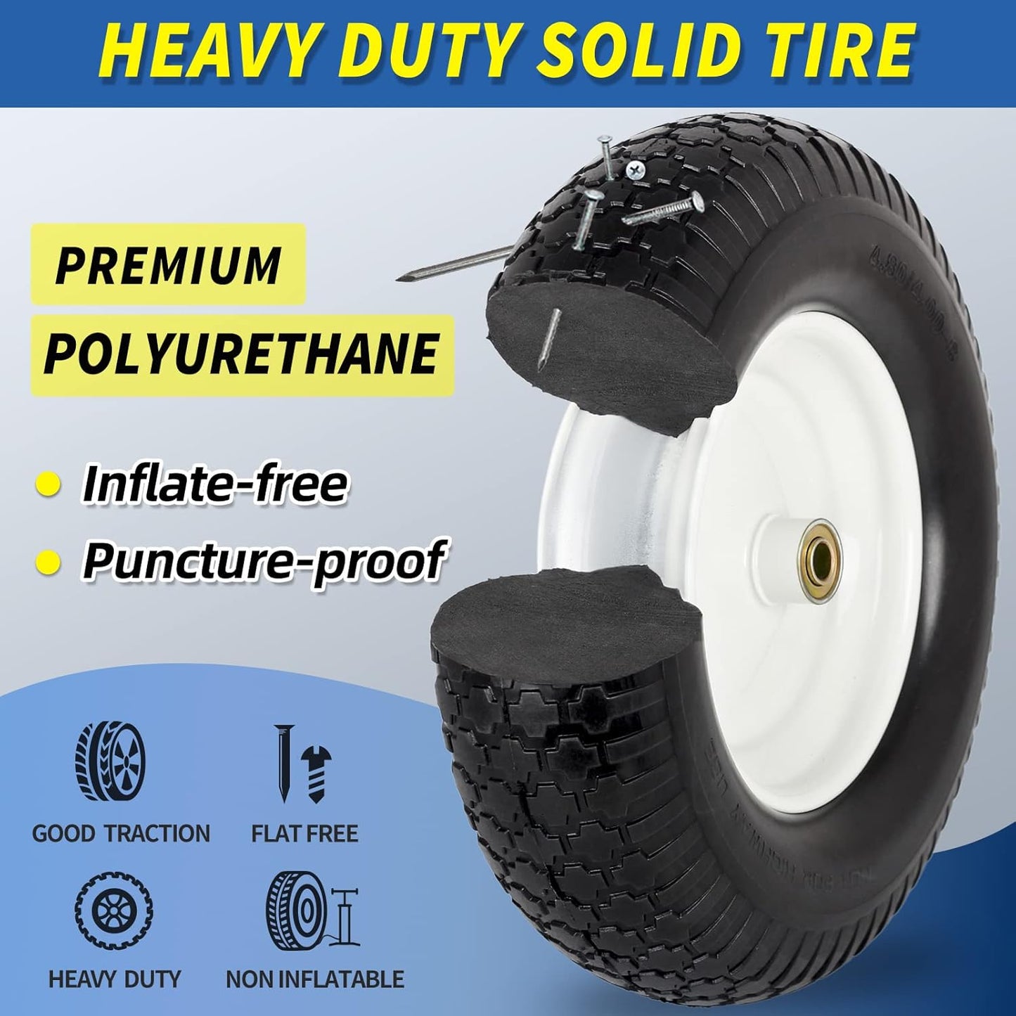 4.80/4.00-8" Wheelbarrow Tire, 16" Flat-Free Solid Tire and Wheel, 3" Centered Hub, 5/8" Axle Bore Hole,for Garden Wagon Cart Trolley Dolly Replacement(2 Pack)