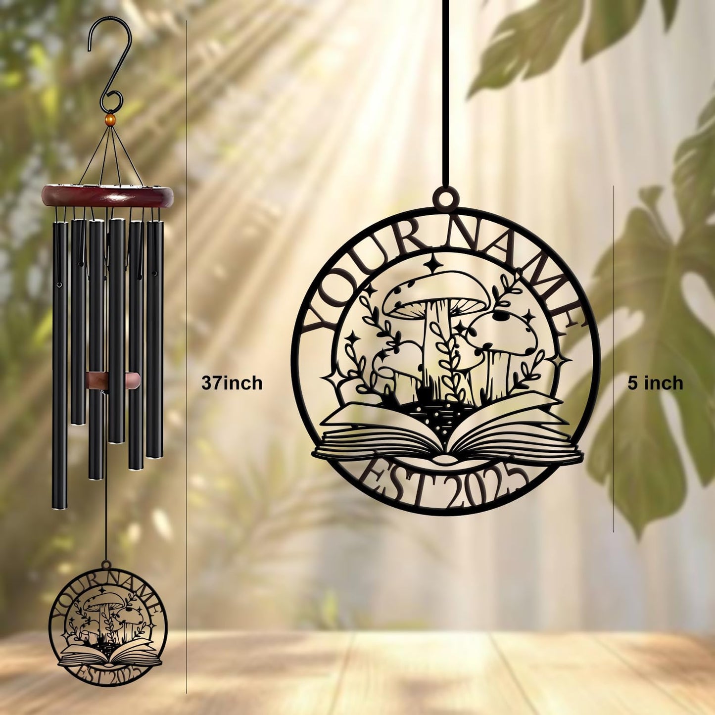 Personalized Customize Name Fantasy Mushroom Wonderland Wind Chime, Metal Iron 37 Inch Outdoor Memorial Gift for Garden Yard Patio Home Decor, Black (Style C)