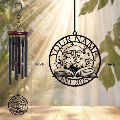 Personalized Customize Name Fantasy Mushroom Wonderland Wind Chime, Metal Iron 37 Inch Outdoor Memorial Gift for Garden Yard Patio Home Decor, Black (Style C)
