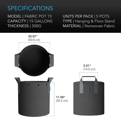 AC Infinity Heavy Duty Fabric Pots, 15 Gallon Aeration Reusable Grow Bags 5-Pack with 500G Thick Nonwoven Fabric and Multi-Purpose Rings, for Plant Hanging and Low Stress Training