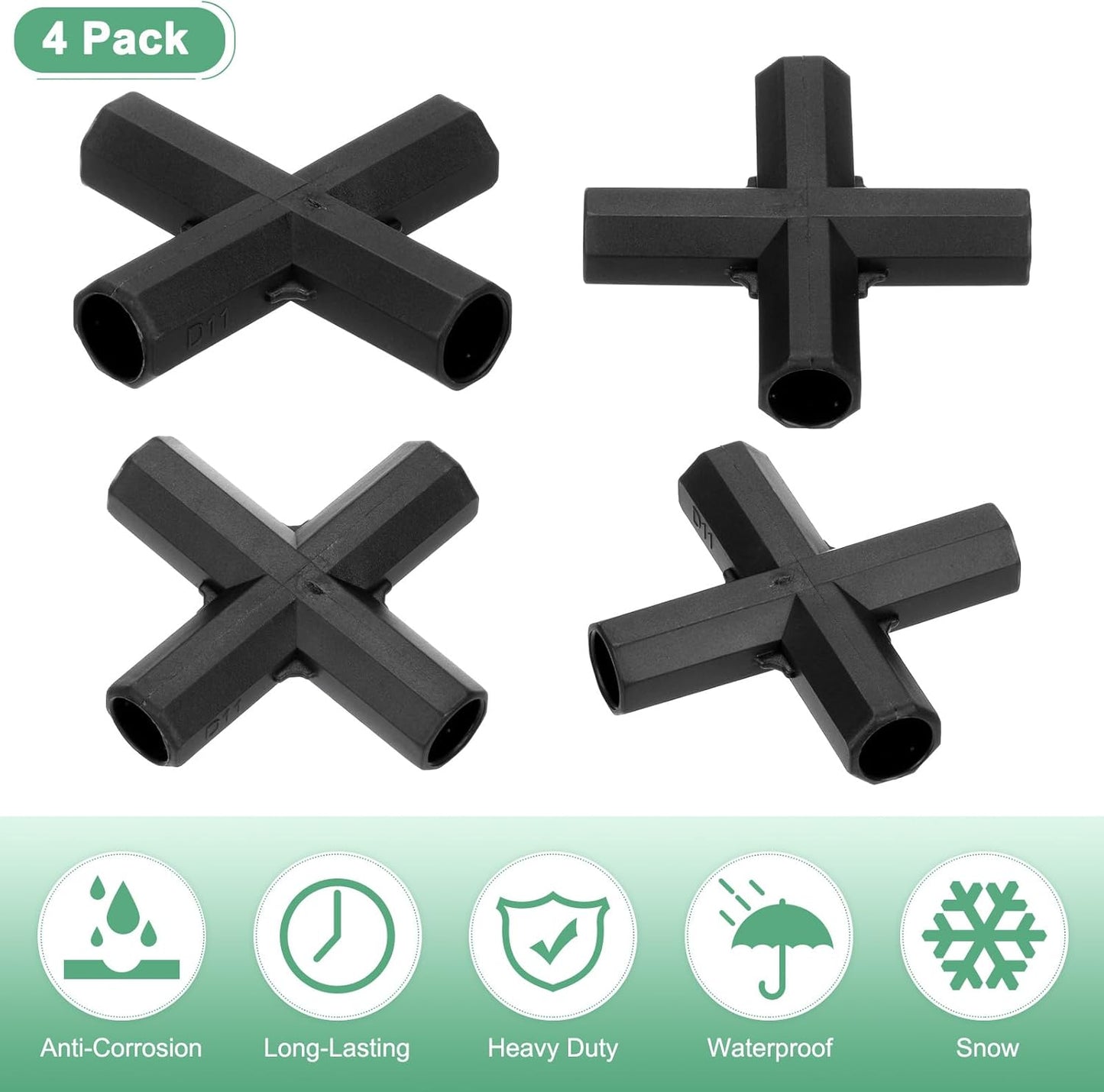 4 Pcs 11mm Greenhouse Frame Building Connectors, 4 Way Flat Pipe Fitting for Grape Trellis/Sunscreen Shed/Gardening Plant Stakes, Greenhouse Accessories [Black]